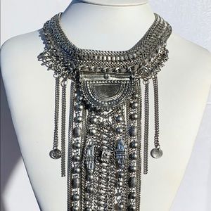 Silver Boho Chain Fringe  Bib Necklace